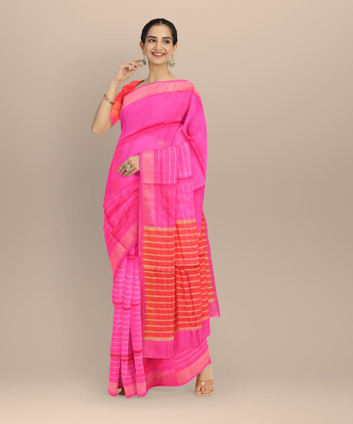 Pink red raw silk handwoven bhagalpur saree