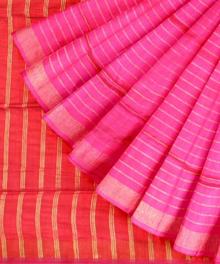 Pink red raw silk handwoven bhagalpur saree