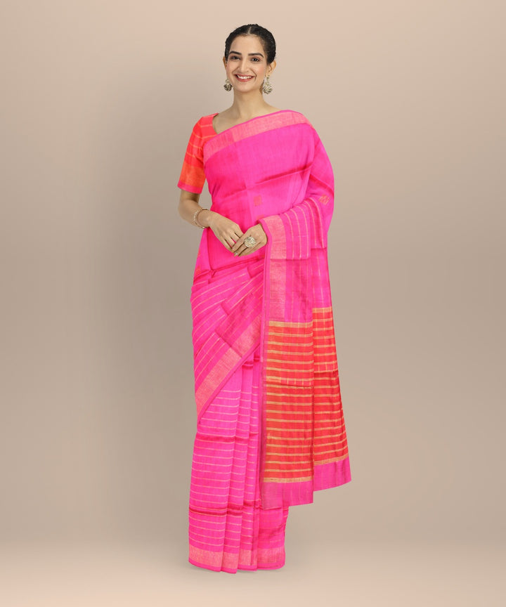 Pink red raw silk handwoven bhagalpur saree