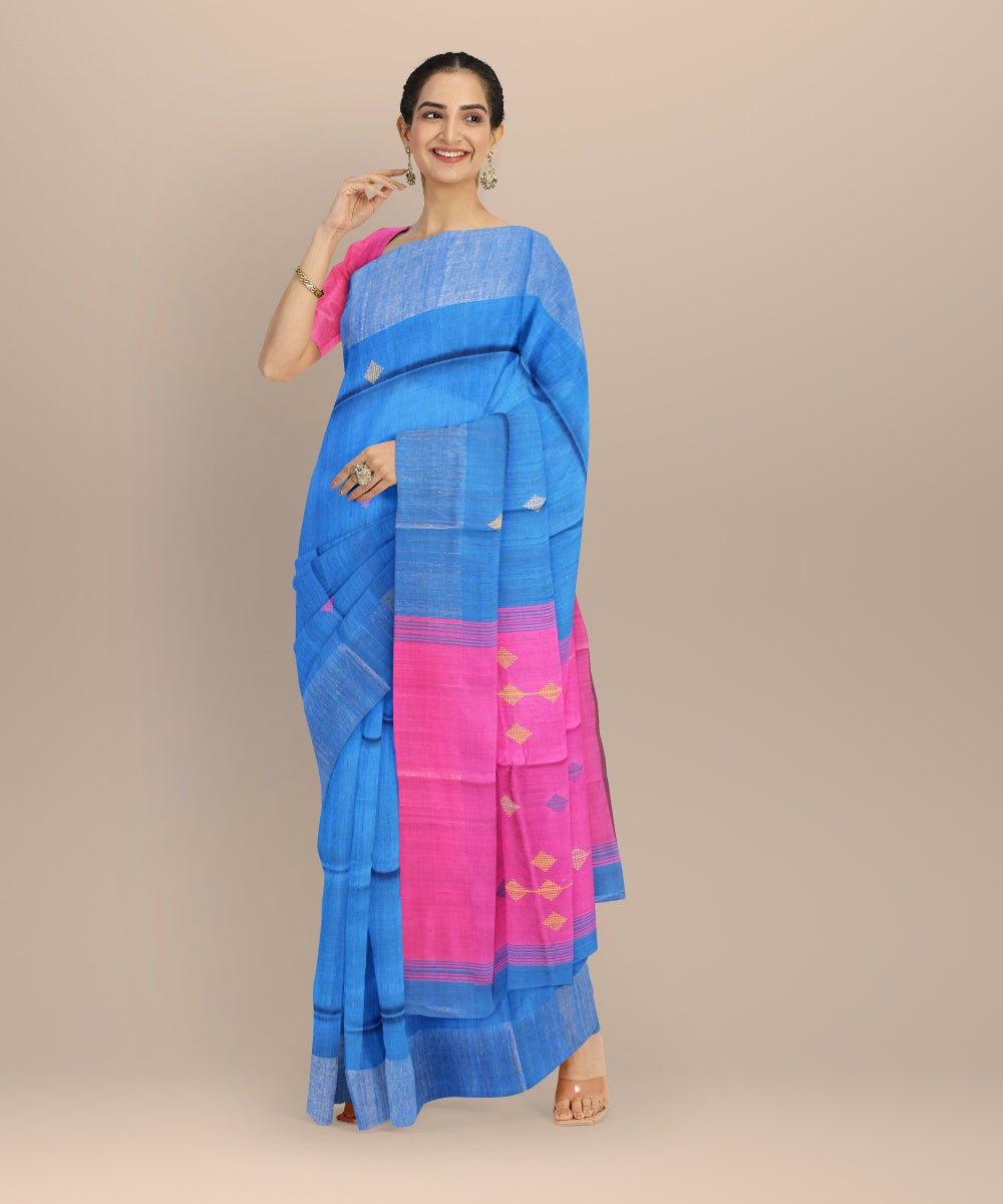 Navy blue magenta raw silk handwoven bhagalpur saree