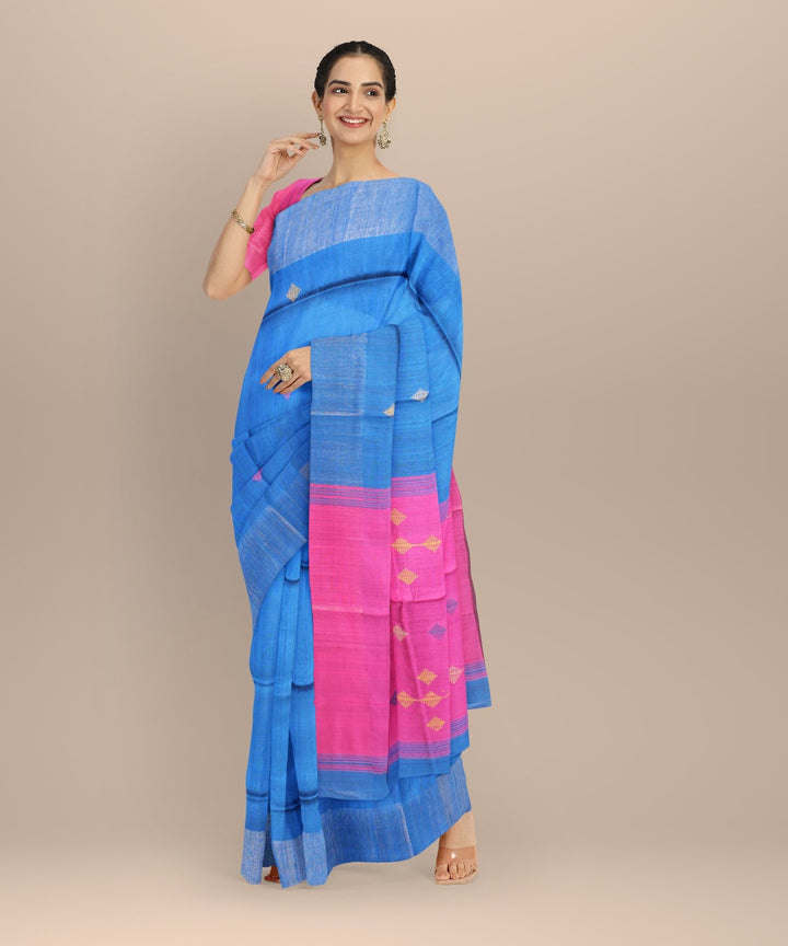 Navy blue magenta raw silk handwoven bhagalpur saree