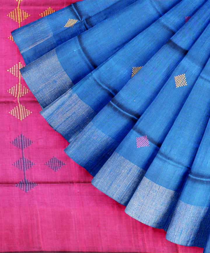 Navy blue magenta raw silk handwoven bhagalpur saree