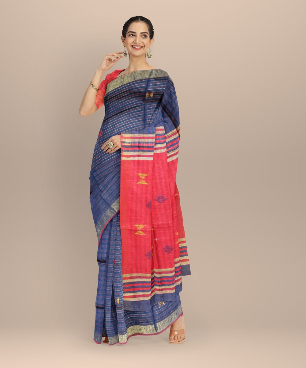 Navy blue maroon raw silk handwoven bhagalpur saree