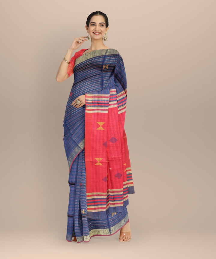 Navy blue maroon raw silk handwoven bhagalpur saree