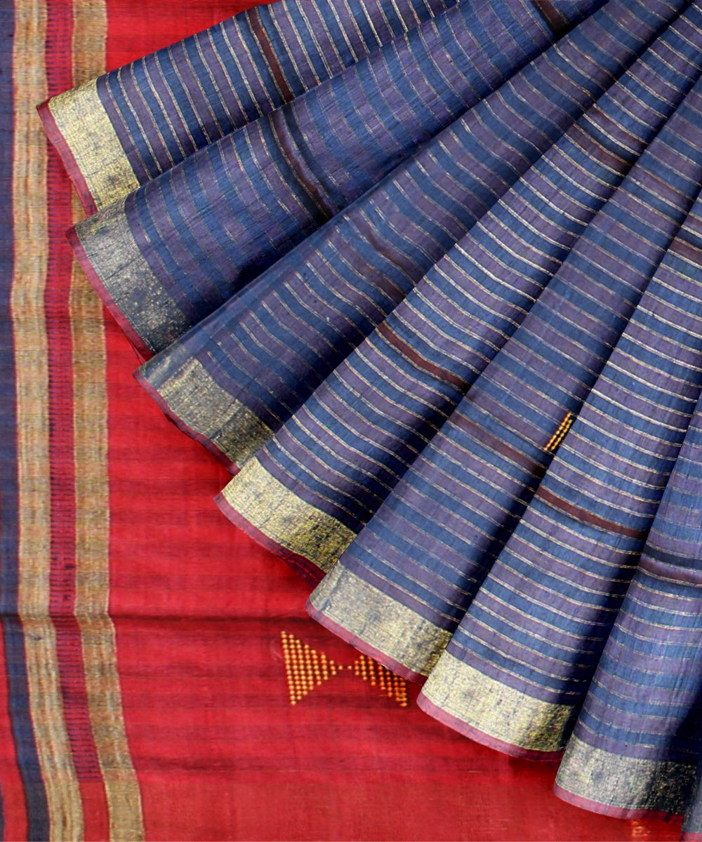 Navy blue maroon raw silk handwoven bhagalpur saree