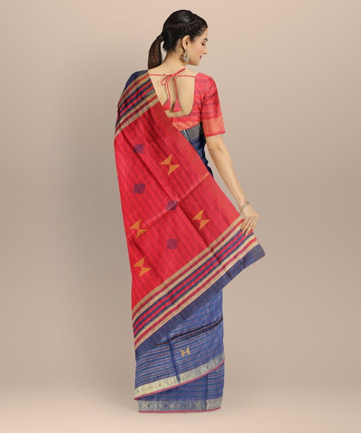 Navy blue maroon raw silk handwoven bhagalpur saree