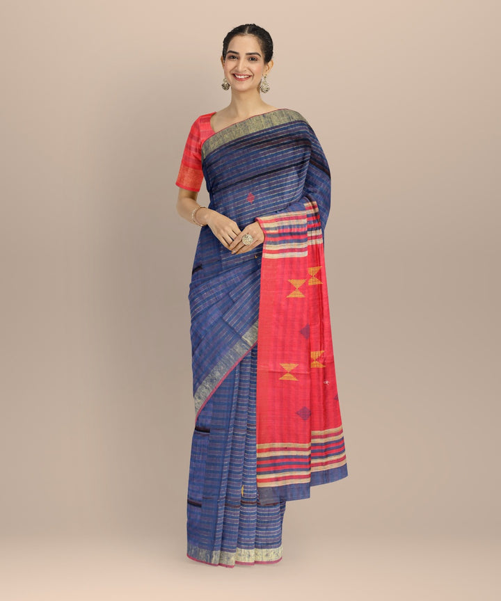 Navy blue maroon raw silk handwoven bhagalpur saree