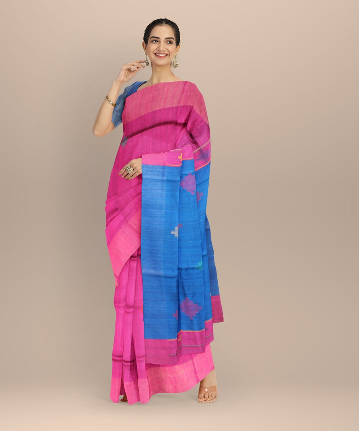 Pink navy blue raw silk handwoven bhagalpur saree
