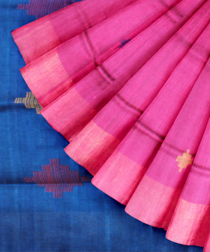Pink navy blue raw silk handwoven bhagalpur saree