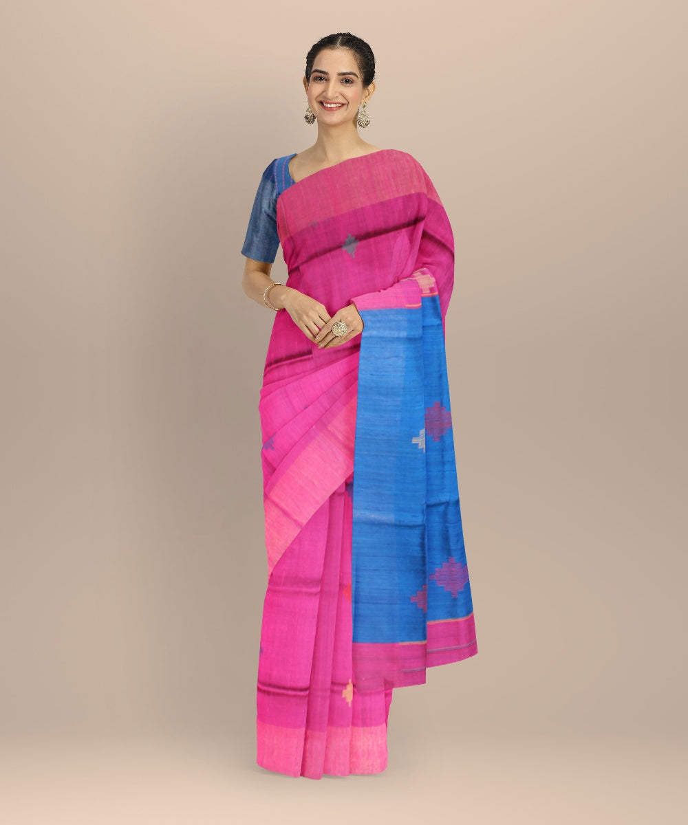 Pink navy blue raw silk handwoven bhagalpur saree