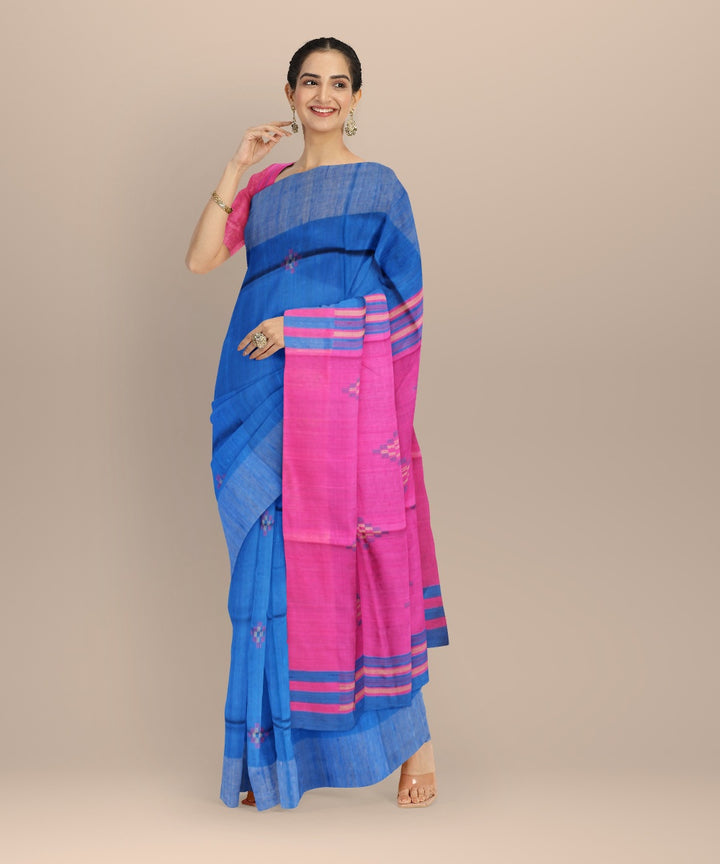 Navy blue pink raw silk handwoven bhagalpur saree