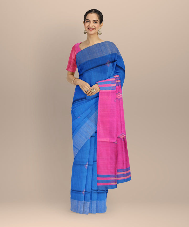 Navy blue pink raw silk handwoven bhagalpur saree