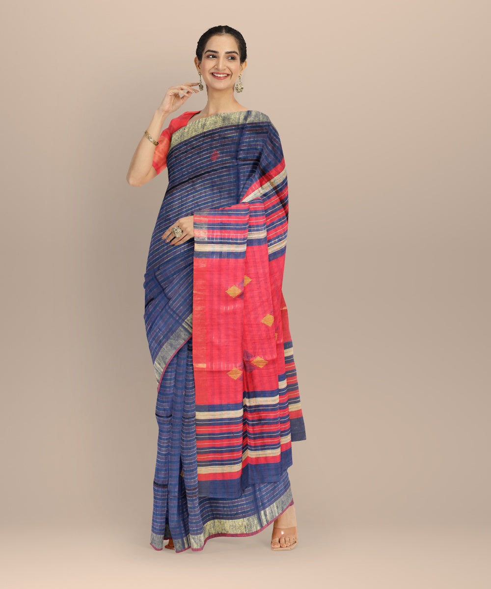 Navy blue red blue raw silk handwoven bhagalpur saree