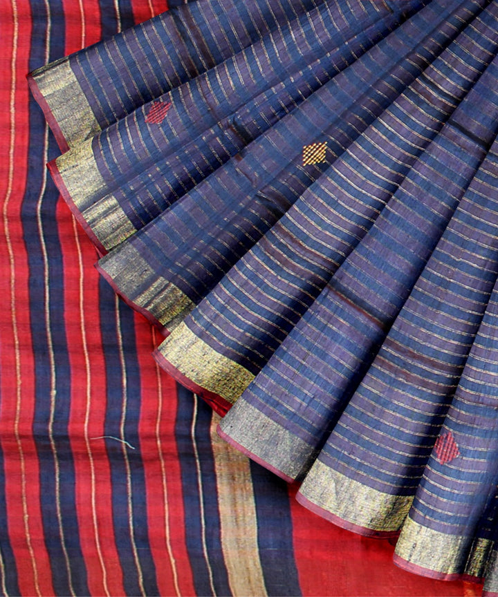 Navy blue red blue raw silk handwoven bhagalpur saree