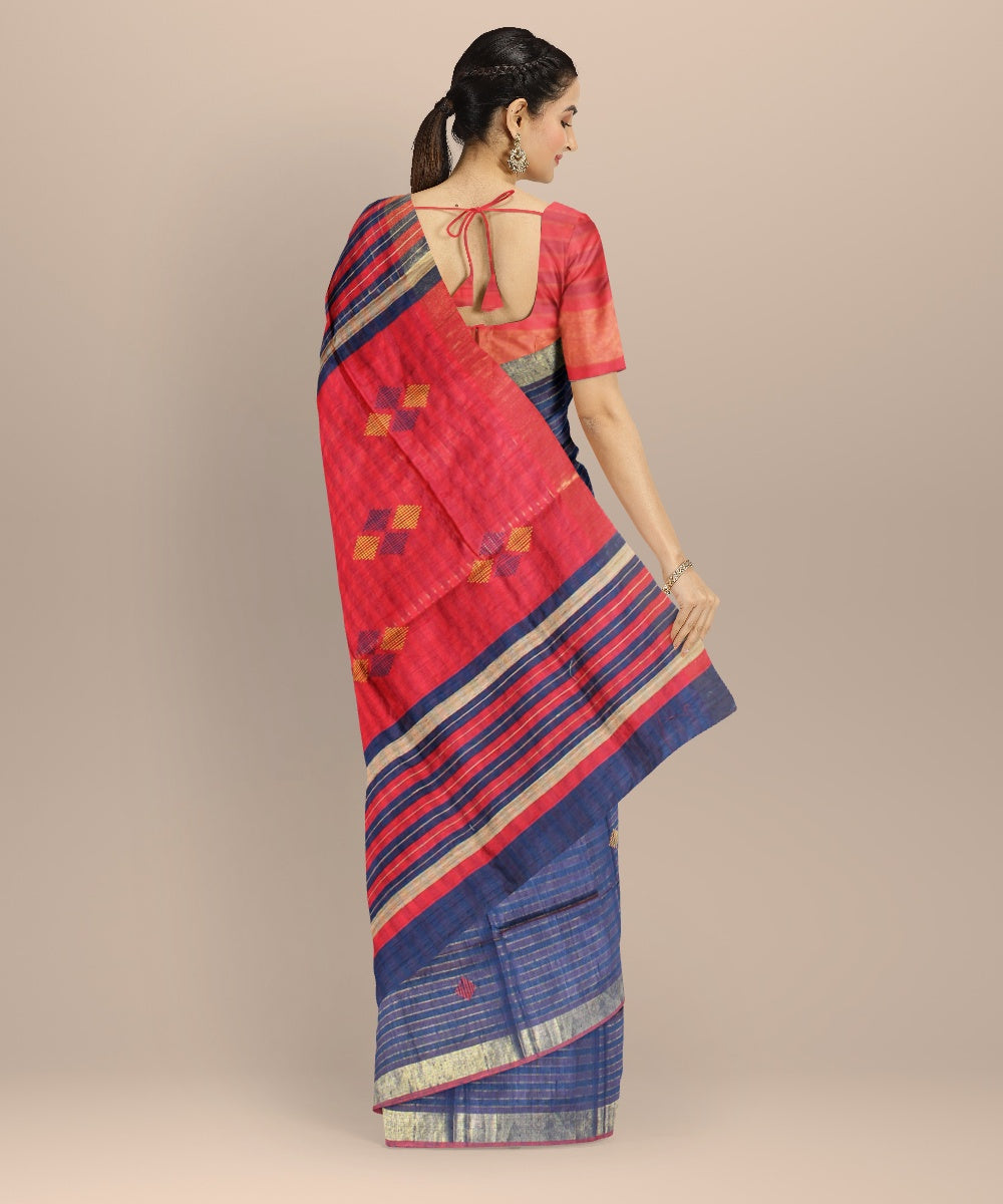 Navy blue red blue raw silk handwoven bhagalpur saree