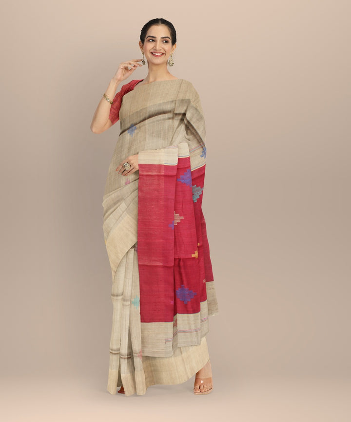 Grey maroon raw silk handwoven bhagalpur saree