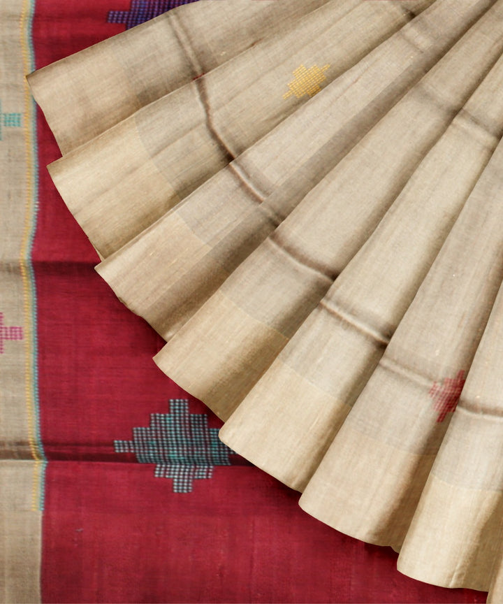 Grey maroon raw silk handwoven bhagalpur saree