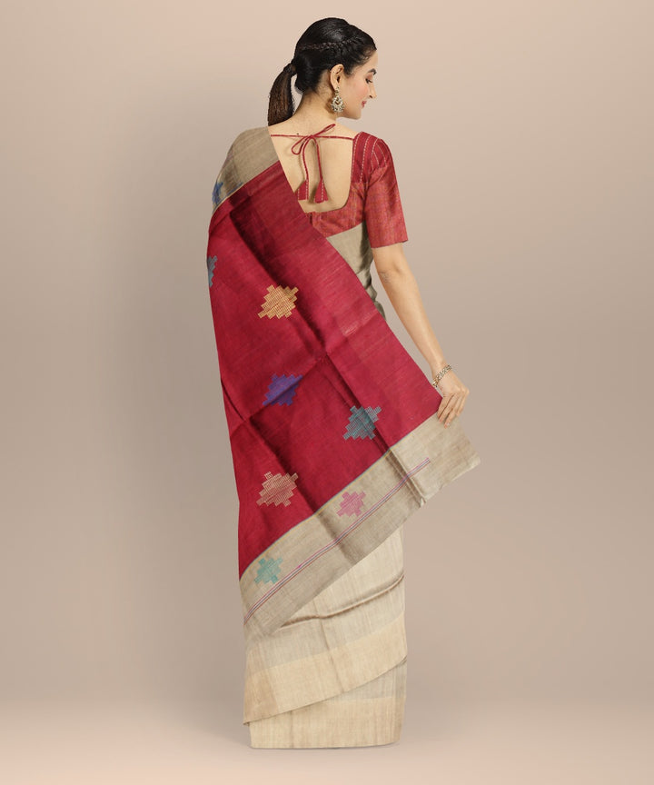 Grey maroon raw silk handwoven bhagalpur saree