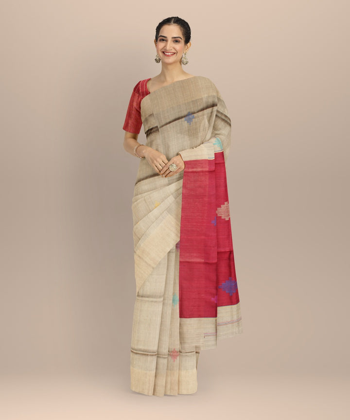 Grey maroon raw silk handwoven bhagalpur saree