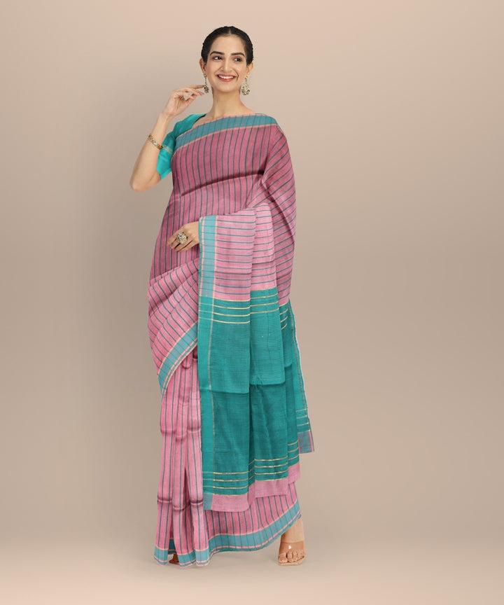 Pink sea green raw silk handwoven bhagalpur saree