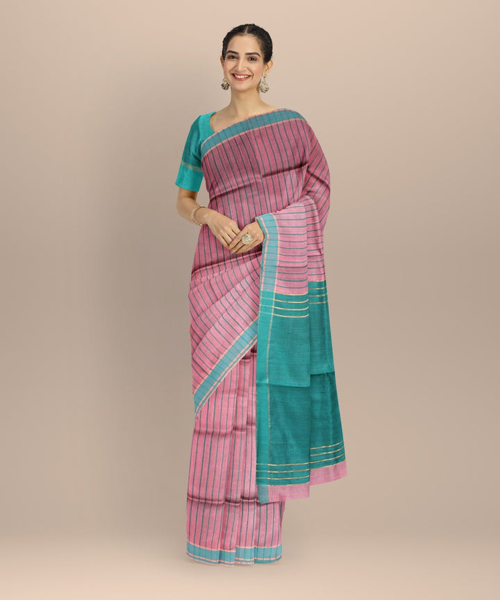Pink sea green raw silk handwoven bhagalpur saree