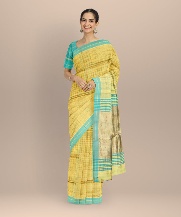 Mustard sky blue raw silk handloom bhagalpur saree