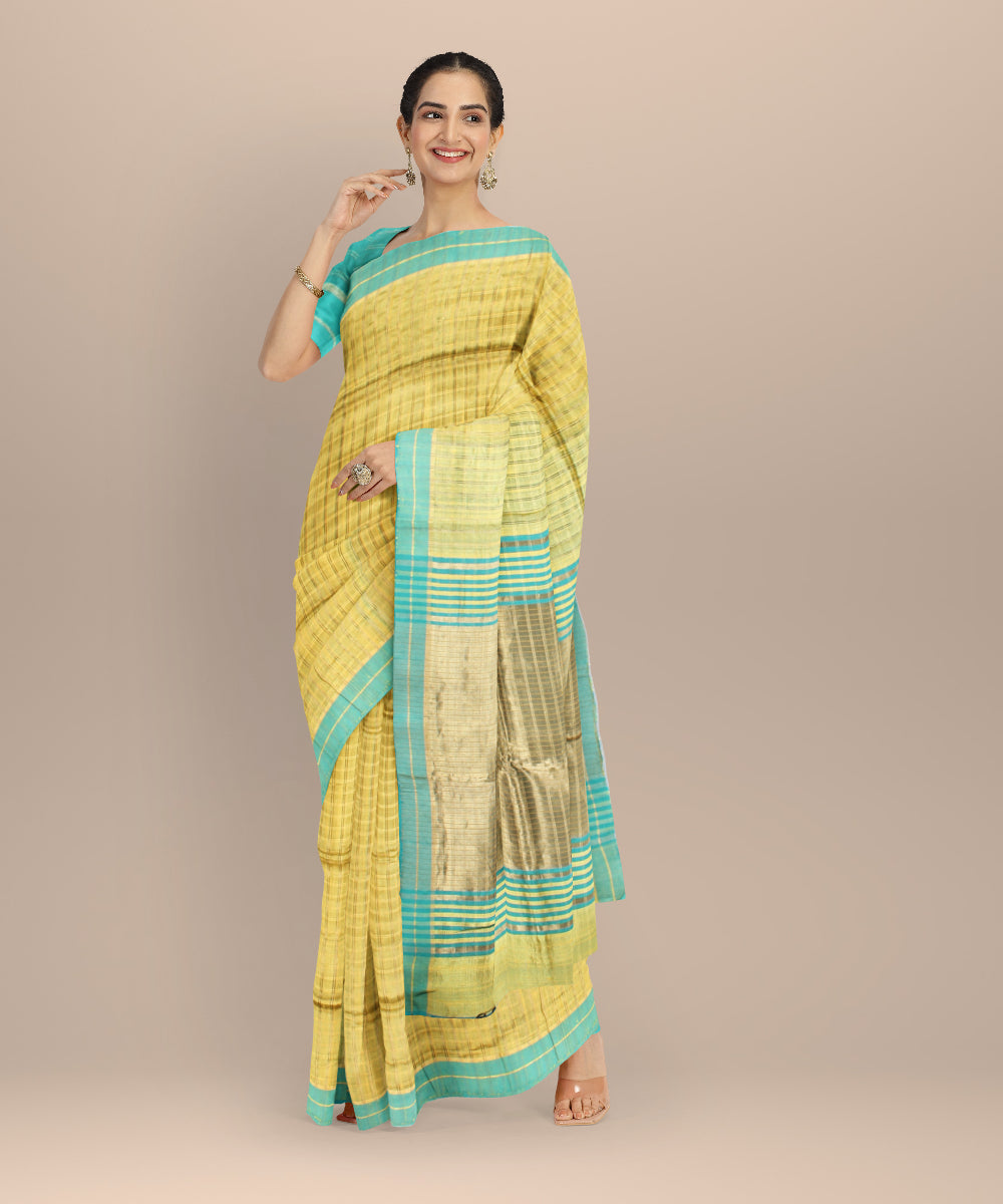 Mustard sky blue raw silk handloom bhagalpur saree
