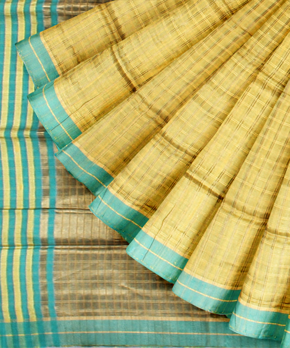 Mustard sky blue raw silk handloom bhagalpur saree