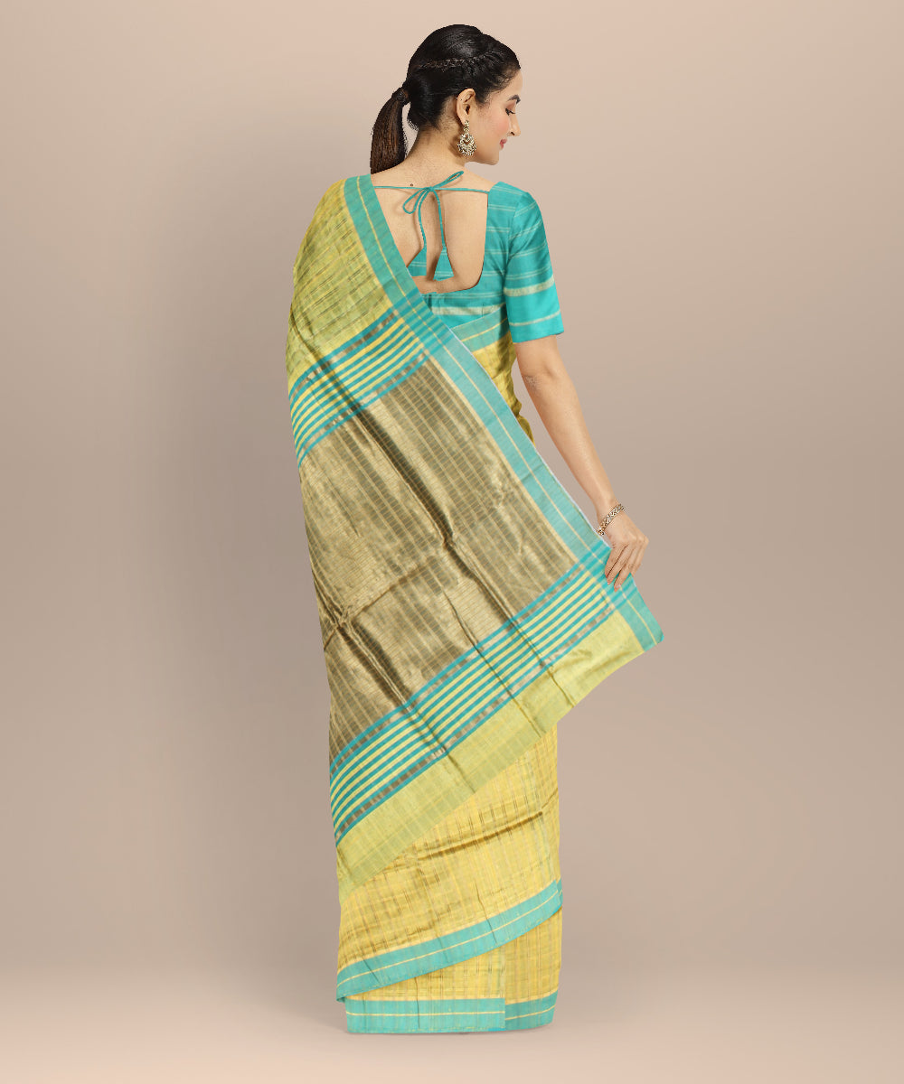 Mustard sky blue raw silk handloom bhagalpur saree