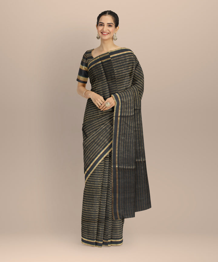 Black striped gold zari raw silk handloom bhagalpur saree