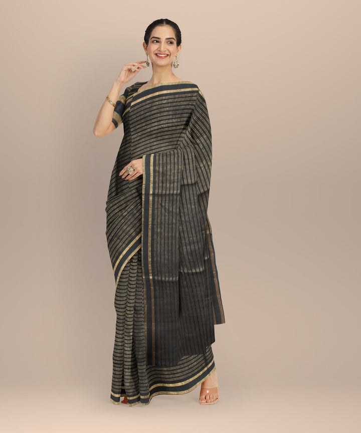 Black striped gold zari raw silk handloom bhagalpur saree