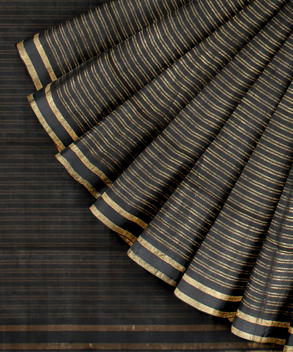 Black striped gold zari raw silk handloom bhagalpur saree