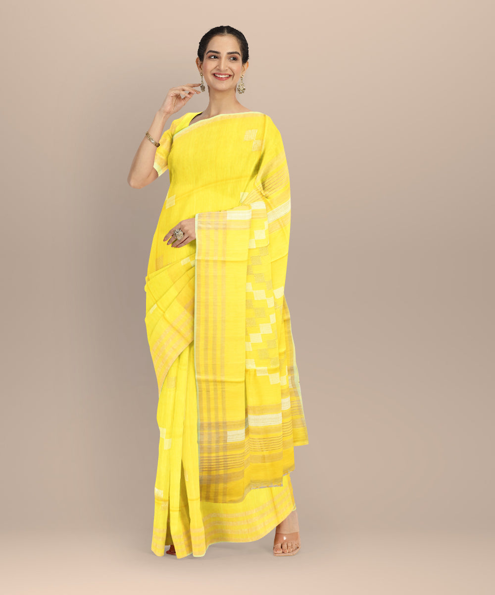Yellow white raw silk handloom bhagalpur saree