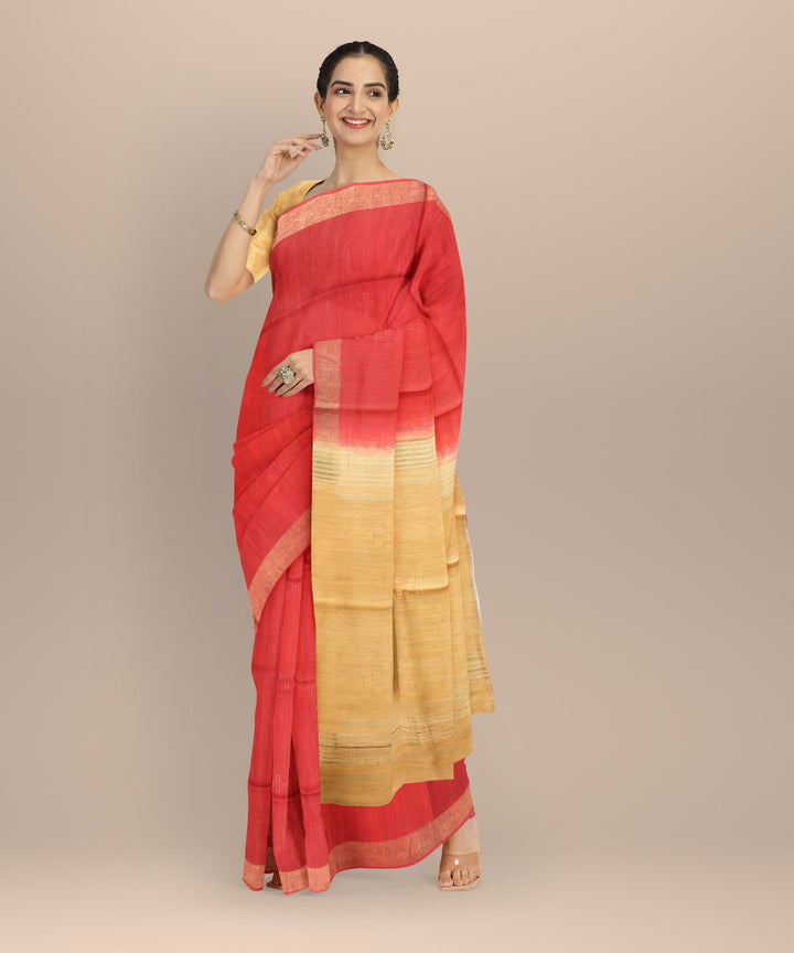 Maroon mustard raw silk handloom bhagalpur saree