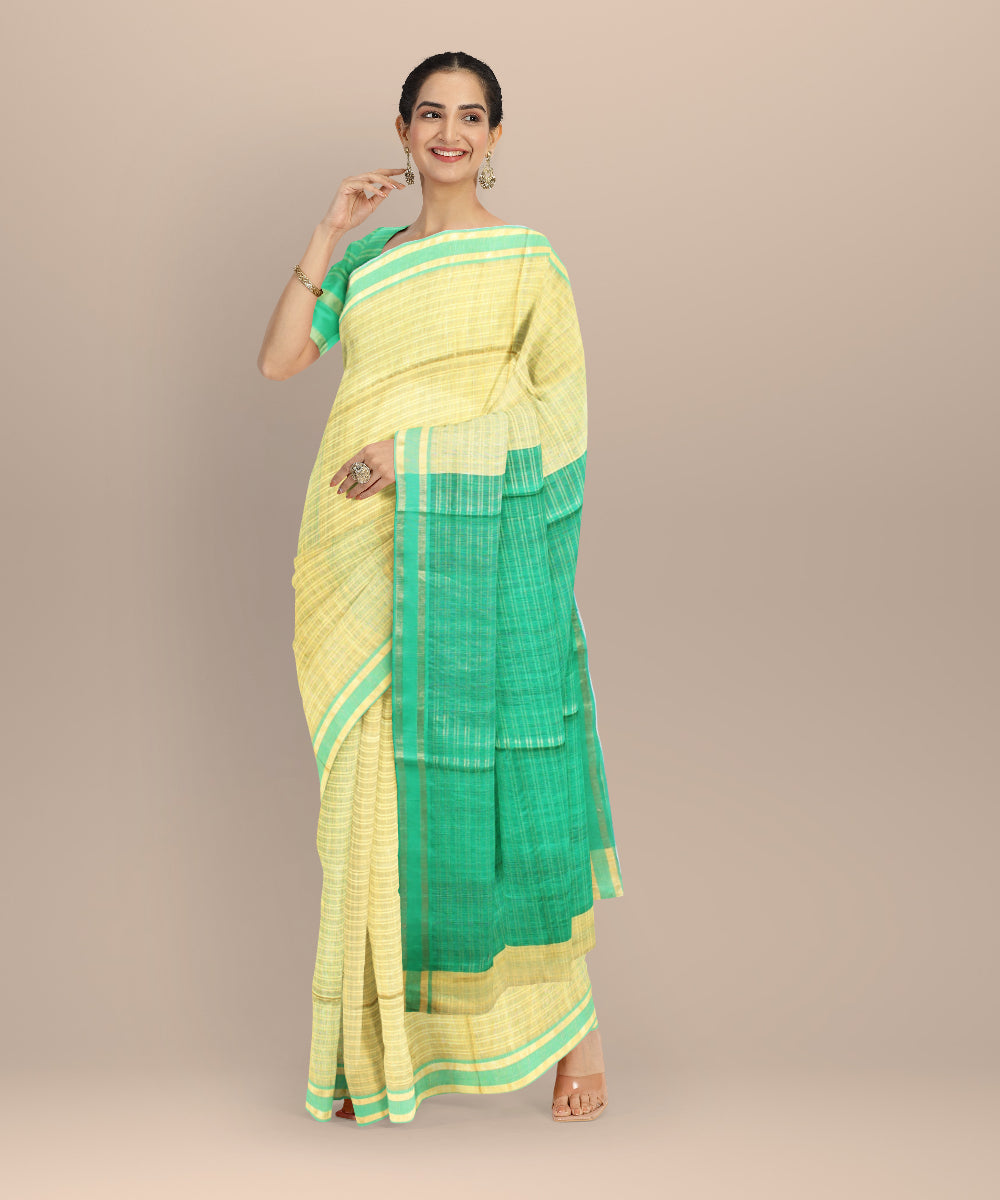 Beige green raw silk handloom bhagalpur saree