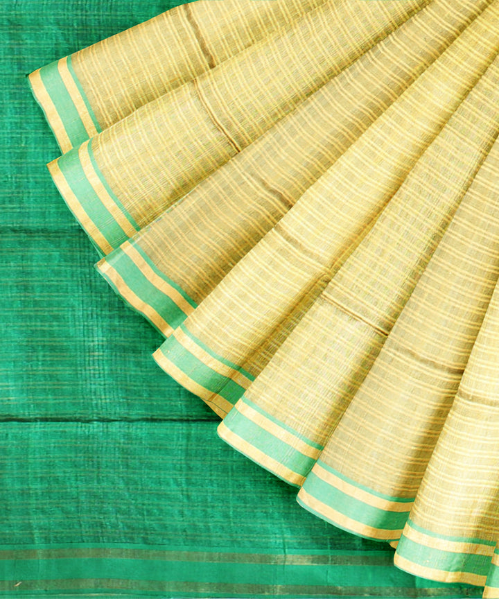 Beige green raw silk handloom bhagalpur saree