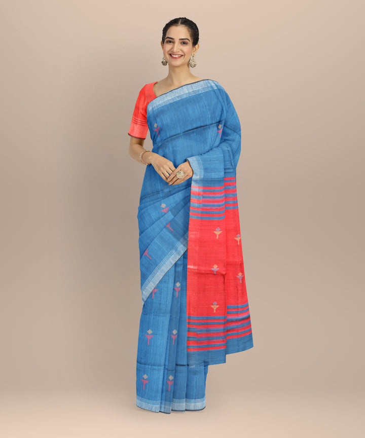 Navy blue brink red raw silk handloom bhagalpur saree