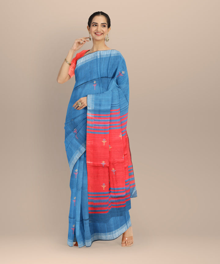 Navy blue brink red raw silk handloom bhagalpur saree