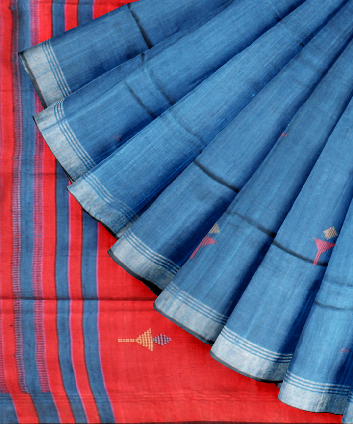 Navy blue brink red raw silk handloom bhagalpur saree