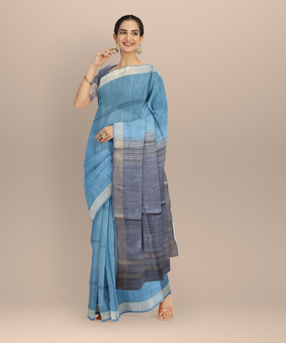 Sky blue grey blue raw silk handloom bhagalpur saree