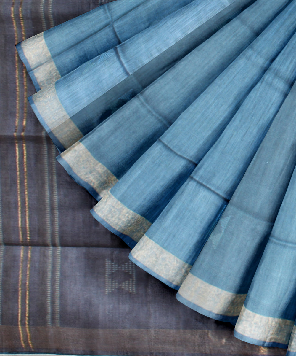 Sky blue grey blue raw silk handloom bhagalpur saree