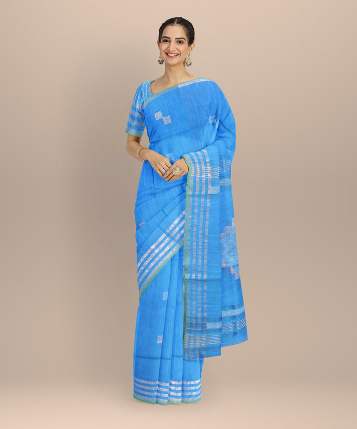 Sky blue silver zari raw silk handloom bhagalpur saree