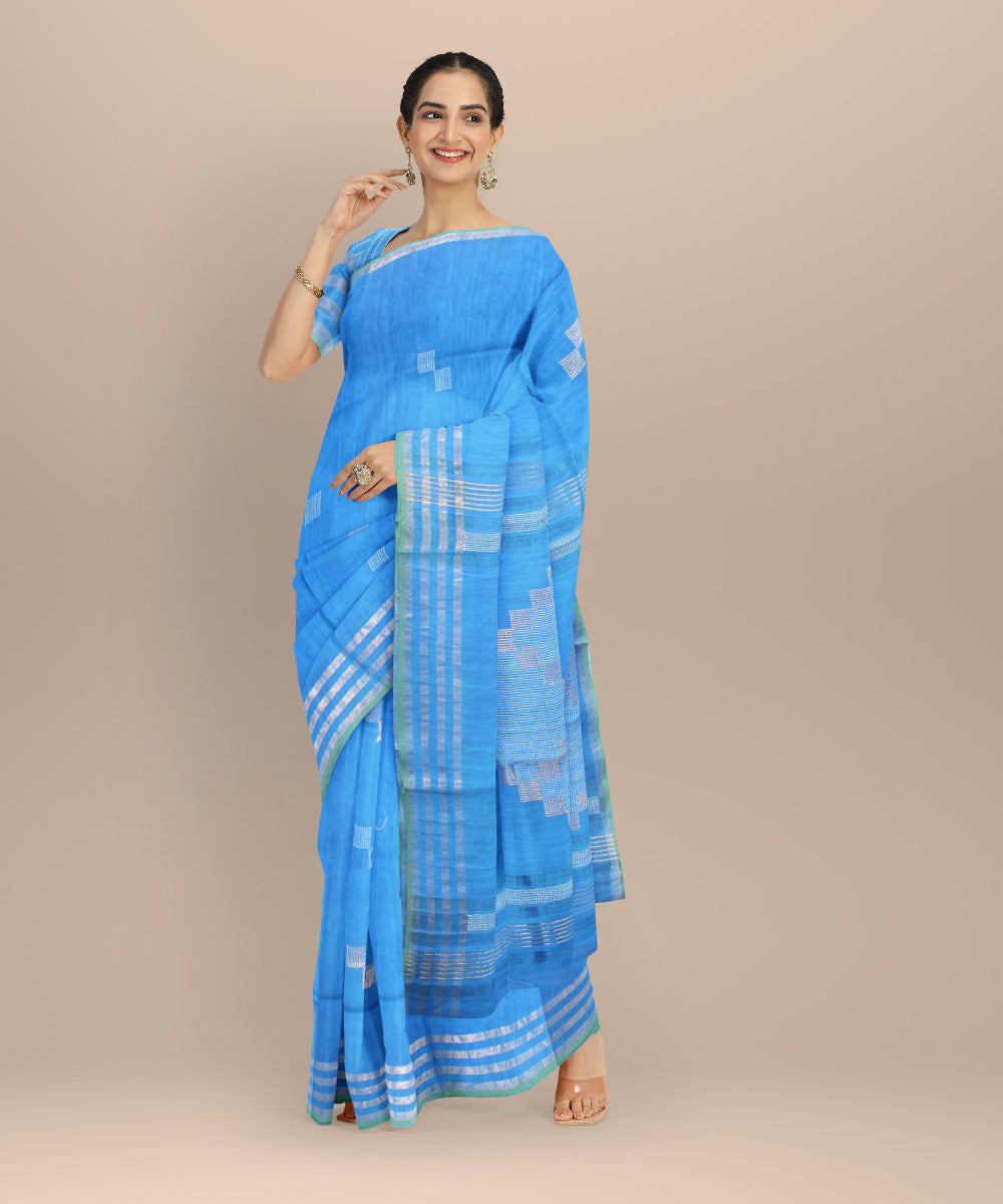 Sky blue silver zari raw silk handloom bhagalpur saree