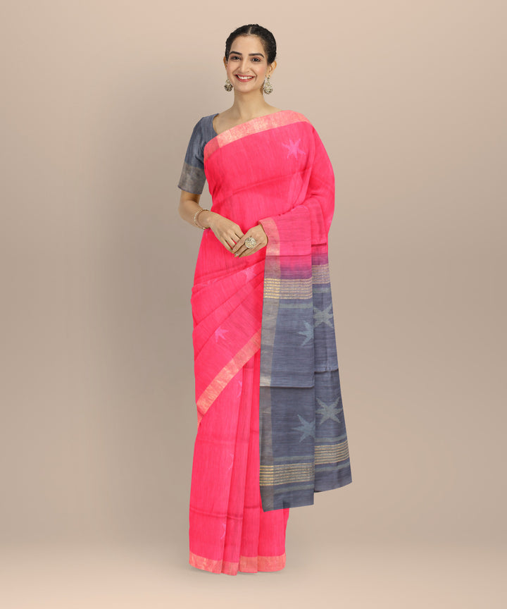 Pink grey raw silk handwoven bhagalpur saree