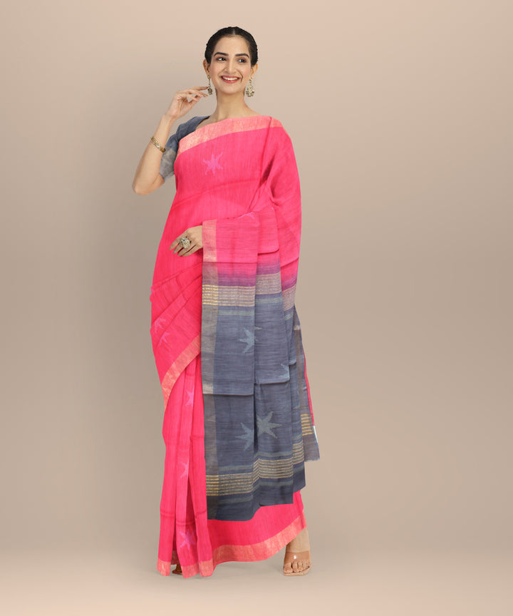 Pink grey raw silk handwoven bhagalpur saree