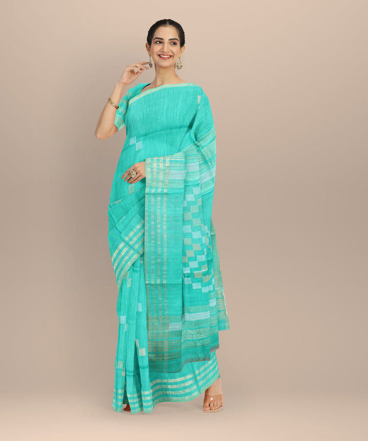 Sky blue striped border raw silk bhagalpur handloom saree
