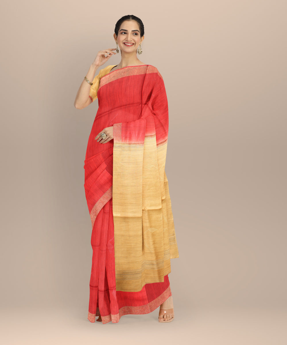 Red yellow raw silk handloom bhagalpur saree