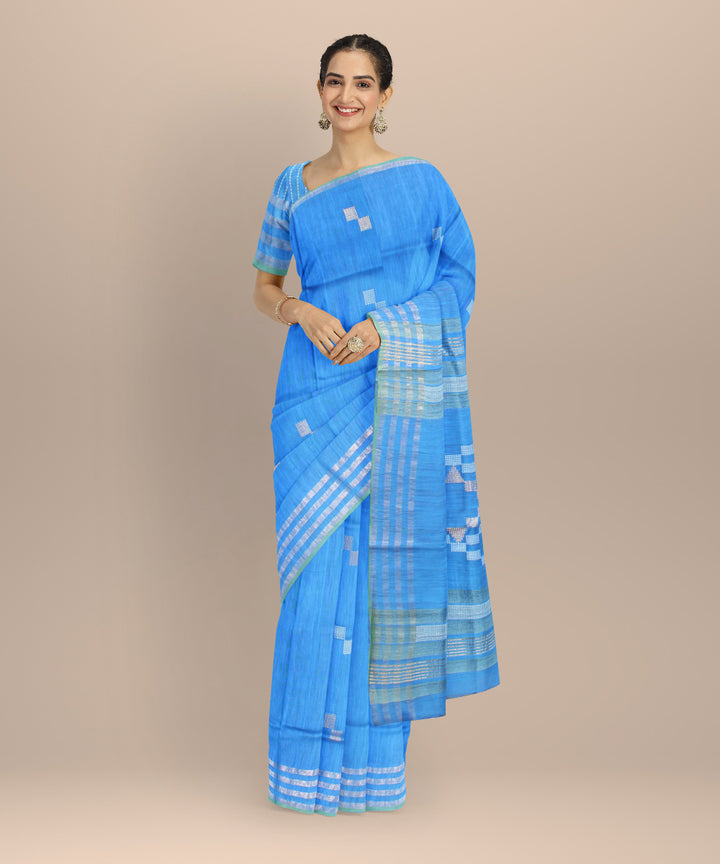 Sky blue striped border raw silk handloom bhagalpur saree