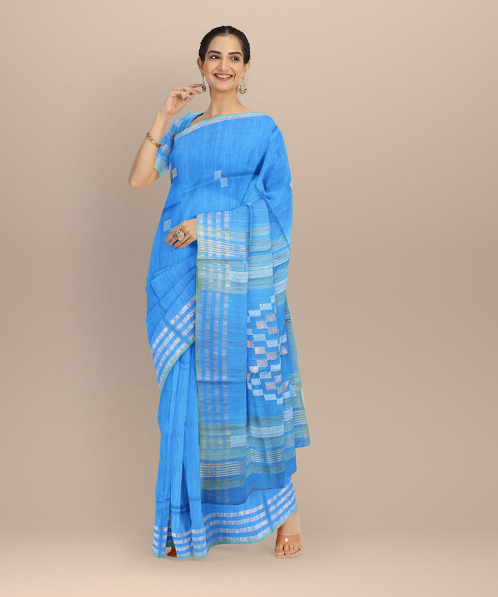 Sky blue striped border raw silk handloom bhagalpur saree