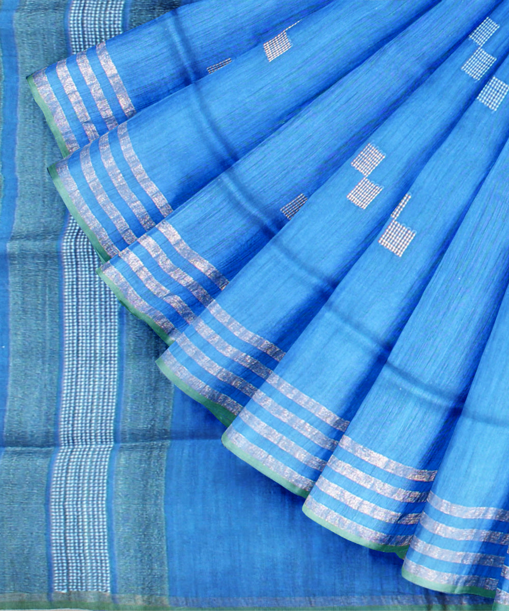 Sky blue striped border raw silk handloom bhagalpur saree